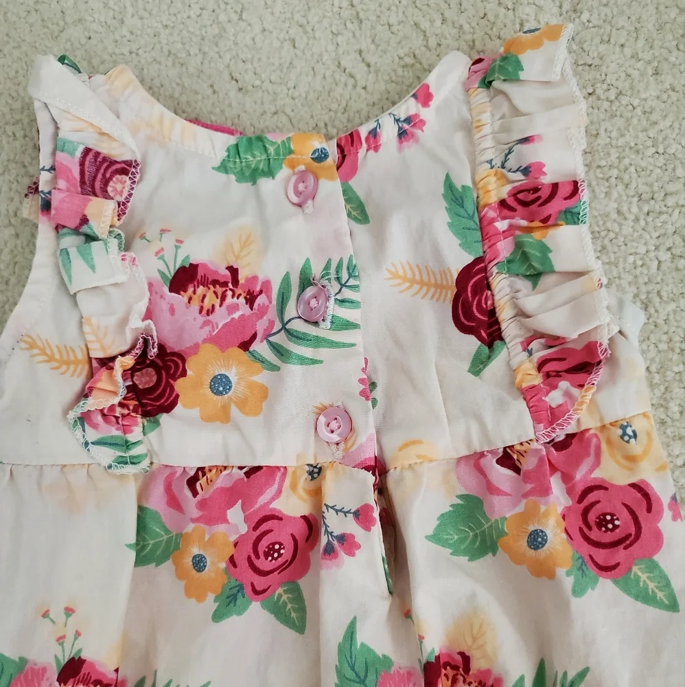 Ruffle Butts Baby Girl Pink Floral Romper Bubble with Ruffles sz3-6m